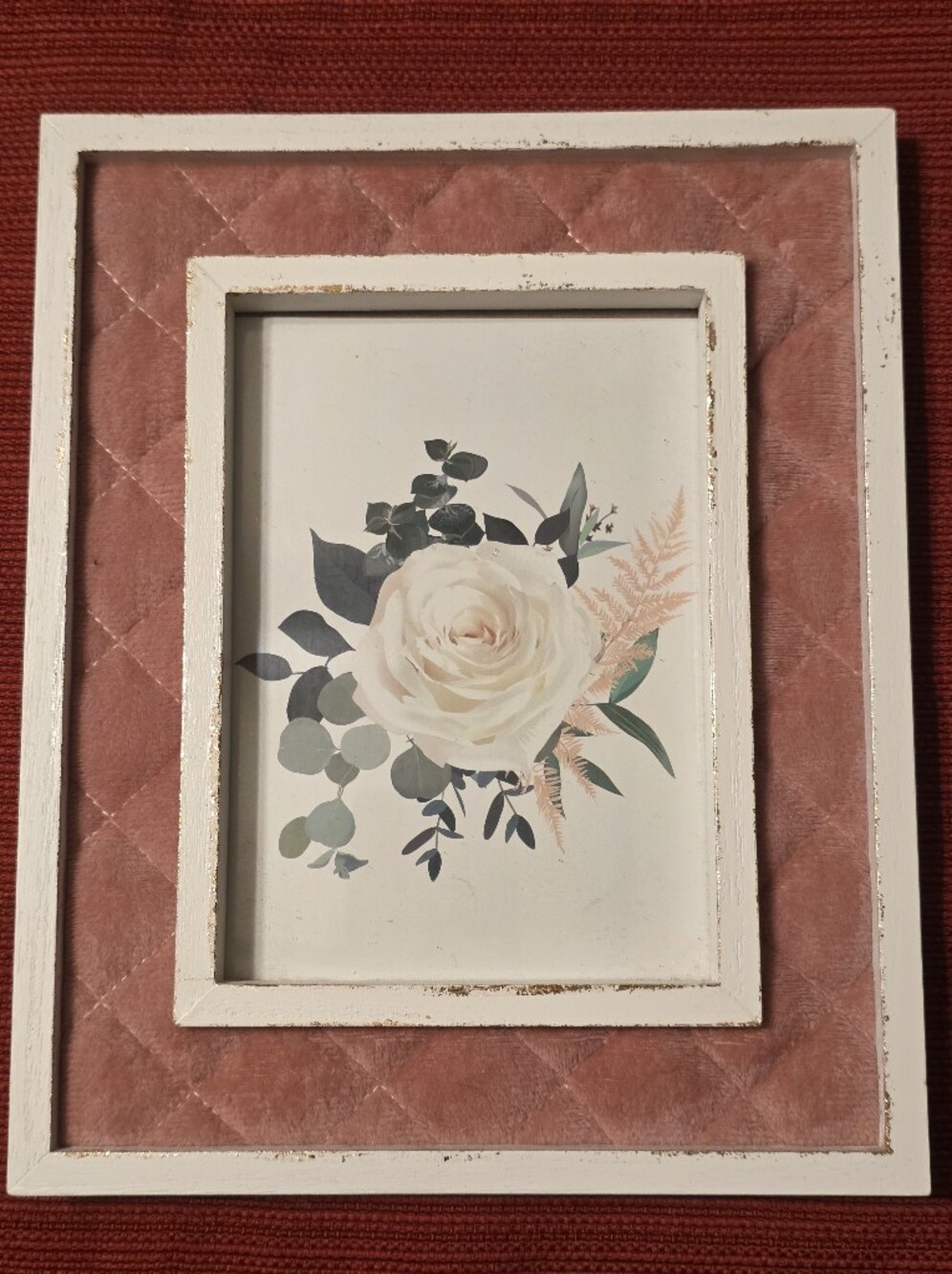 Pink Velvet Distressed White Frame with Floral Print